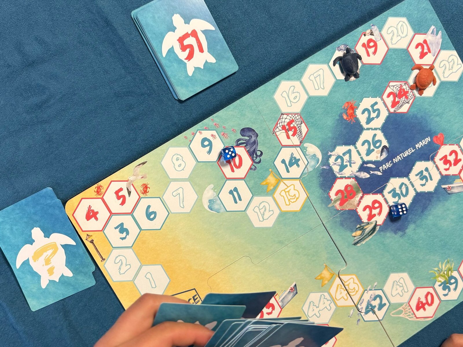 Plateau et cartes du jeu pédagogique en cours de partie